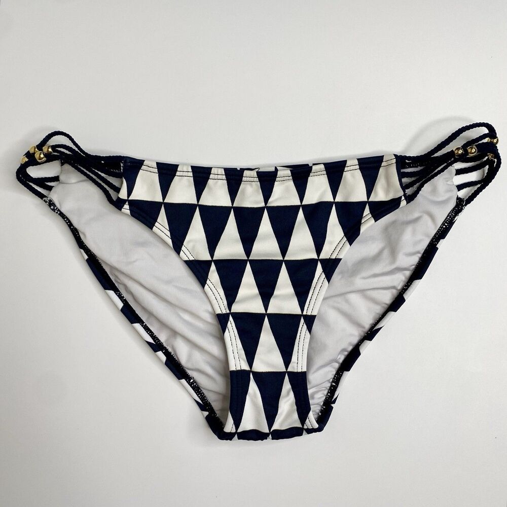 PilyQ PQ Swim Black Diamond Print Braided Bead Accent Bikini Bottoms Size Small
